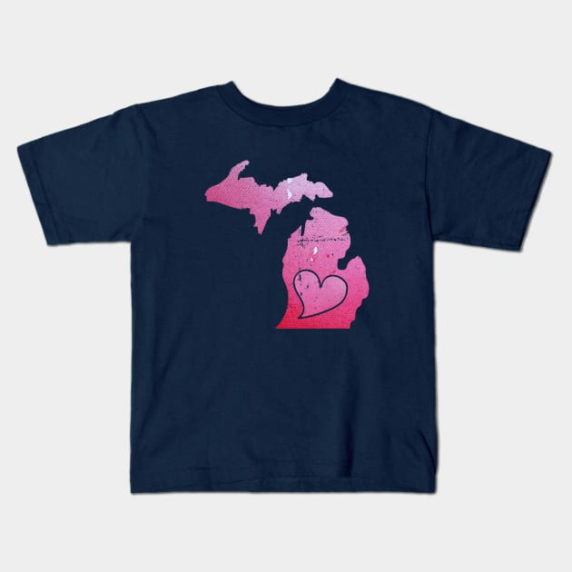 Pink Watercolor Michigan Art Kids T-Shirt by bubbsnugg